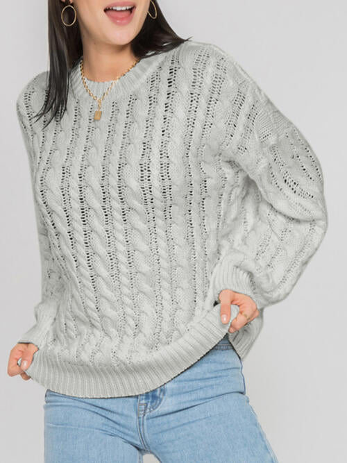 Openwork Round Sleeve Cable-Knit Sweater - Deals DejaVu