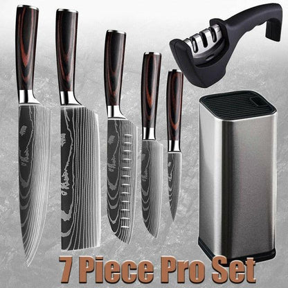 7pcs/set Kitchen Knife Set - Japanese Damascus Pattern Chef's Knife with Accessory Knife Holder Knife Sharpener (AK5)(1U61)