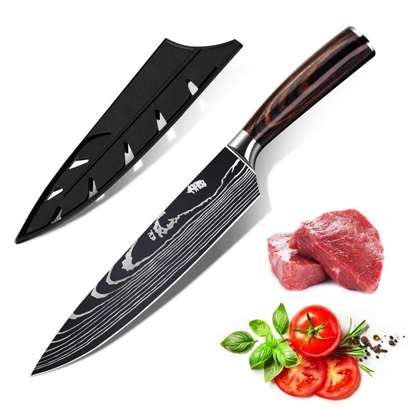 7pcs/set Kitchen Knife Set - Japanese Damascus Pattern Chef's Knife with Accessory Knife Holder Knife Sharpener (AK5)(1U61)