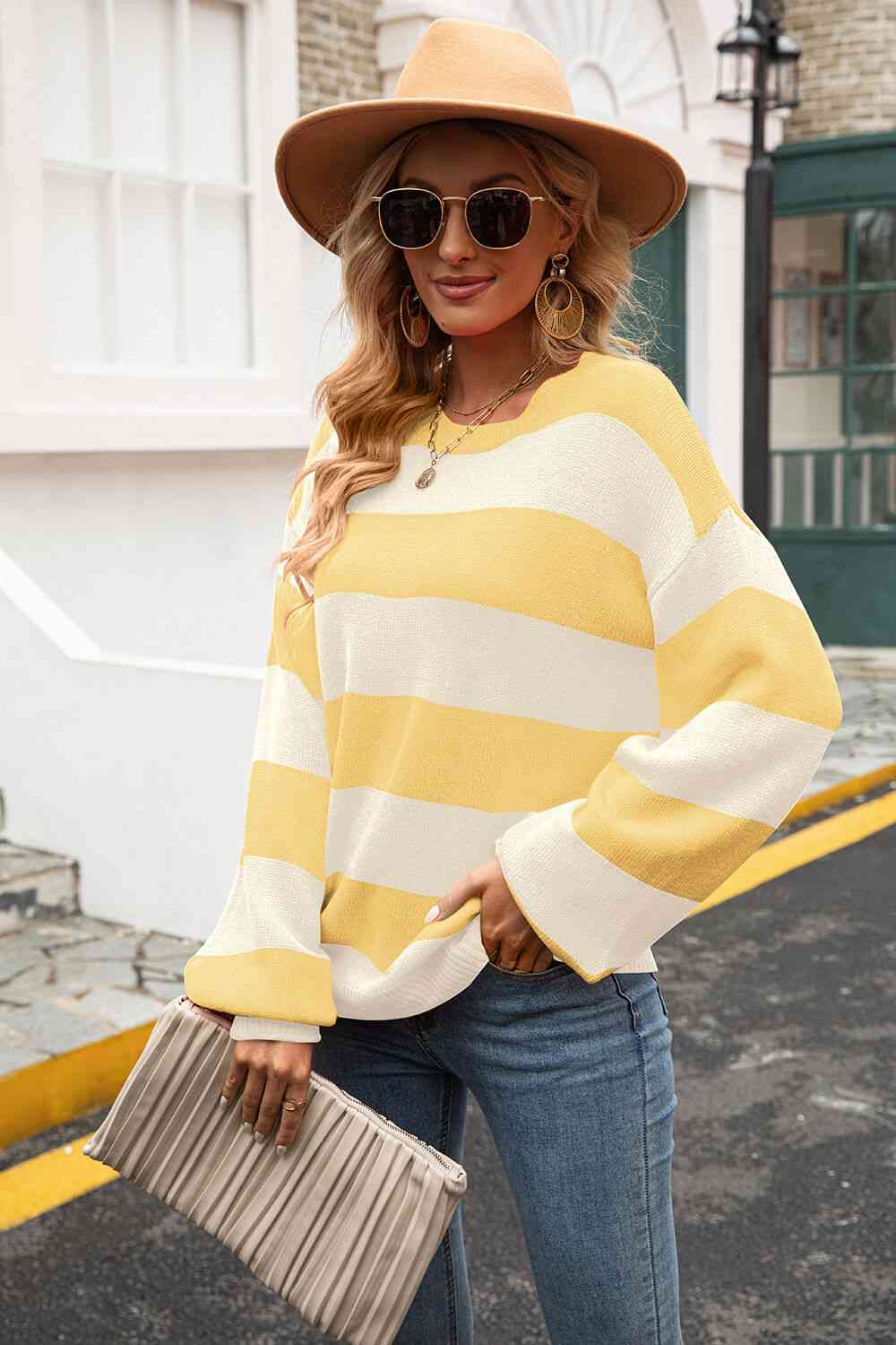 Striped Balloon Sleeve Knit Pullover - Deals DejaVu