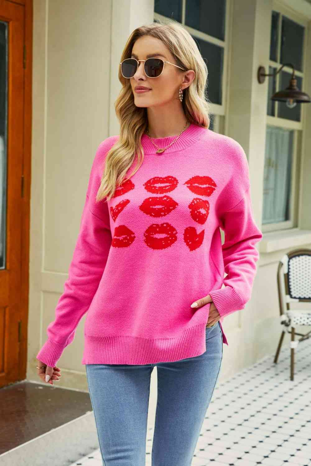 Woven Right Lip Graphic Slit Dropped Shoulder Sweater - Deals DejaVu