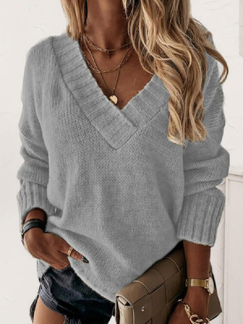 V-Neck Long Sleeve Knit Top - Deals DejaVu