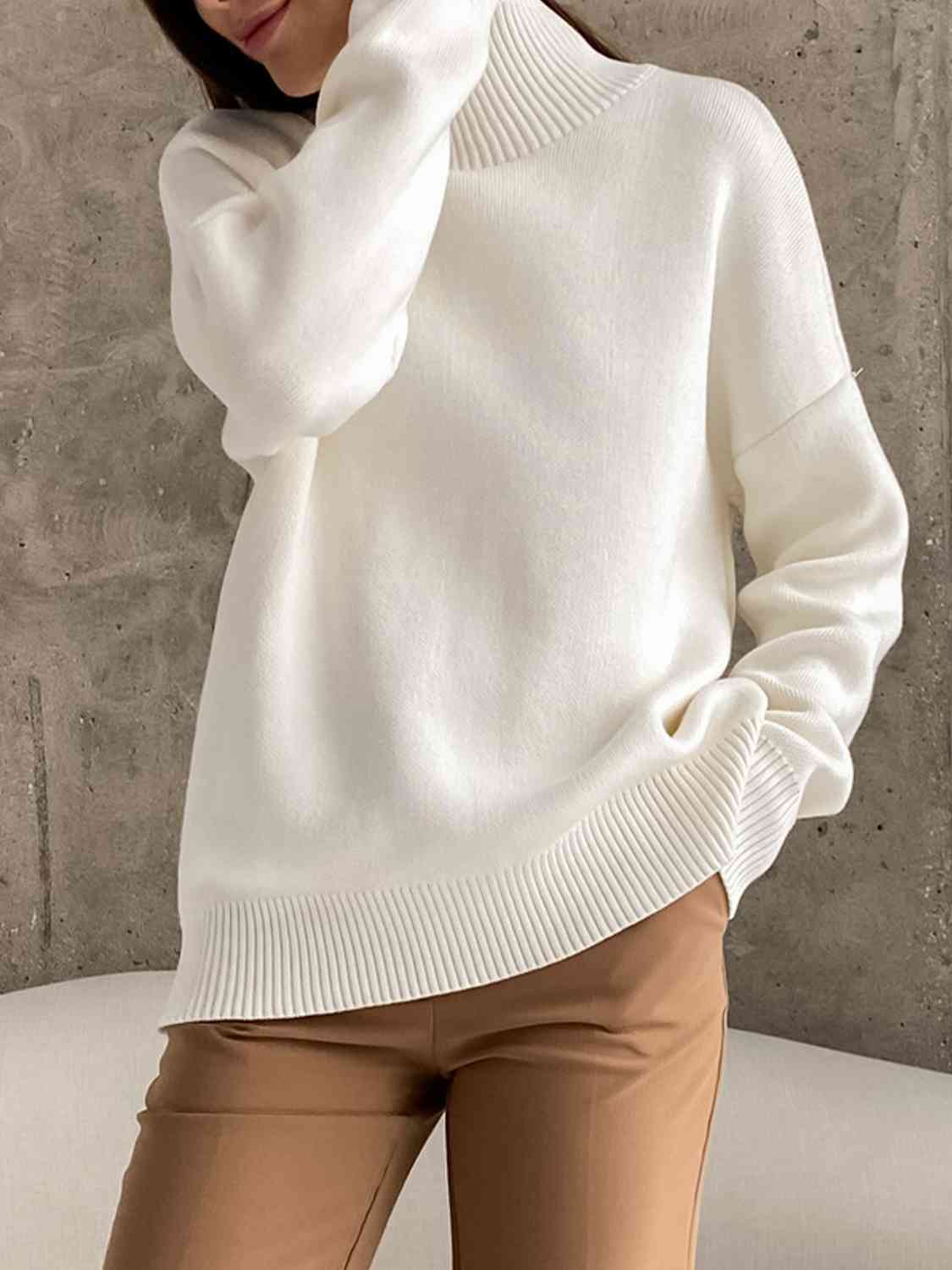 Mock Neck Dropped Shoulder Sweater - Deals DejaVu