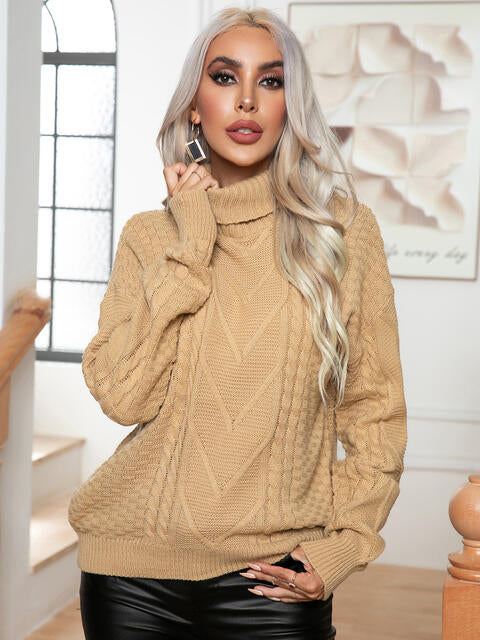 Turtleneck Cable-Knit Long Sleeve Sweater - Deals DejaVu