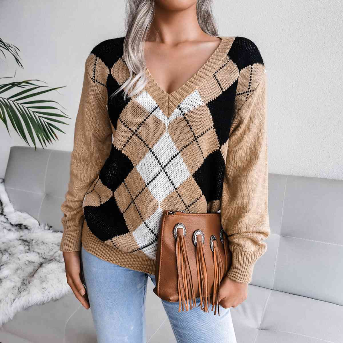 Geometric V-Neck Sweater - Deals DejaVu