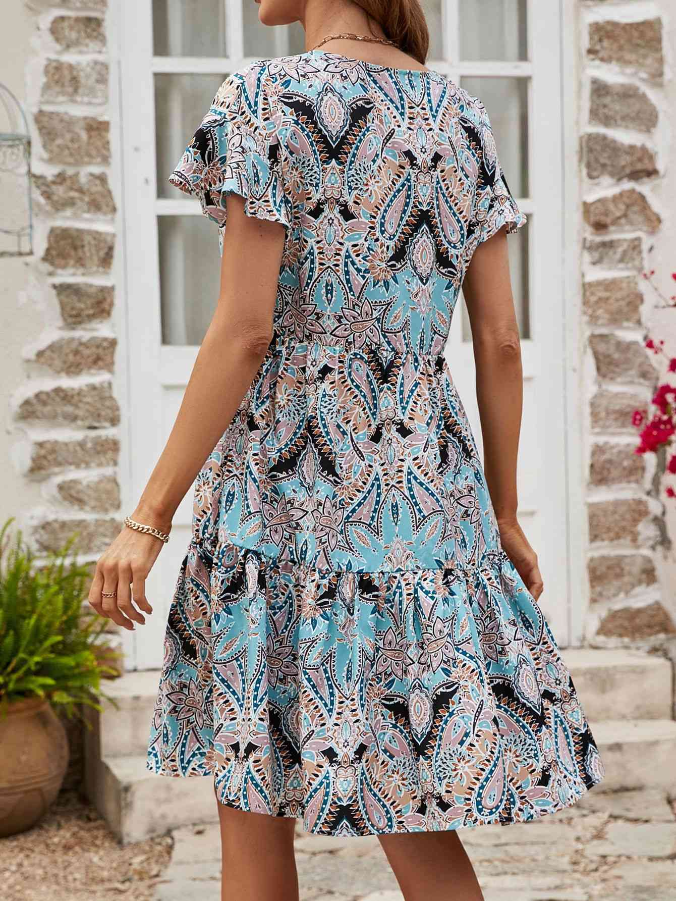 Printed V-Neck Tiered Dress (MWBT) T - Deals DejaVu