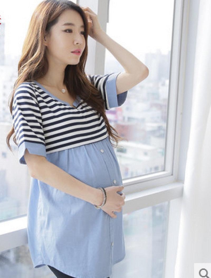 Gorgeous Summer Thin Strip Patchwork Maternity Nursing Blouses - Ties Waist Slim Breastfeeding Shirt for Pregnant Women (Z1)