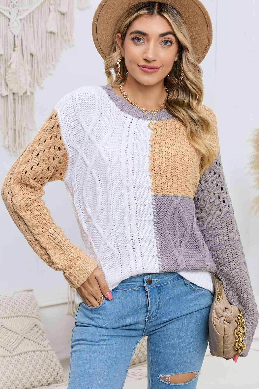 Cable-Knit Openwork Round Neck Color Block Sweater - Deals DejaVu