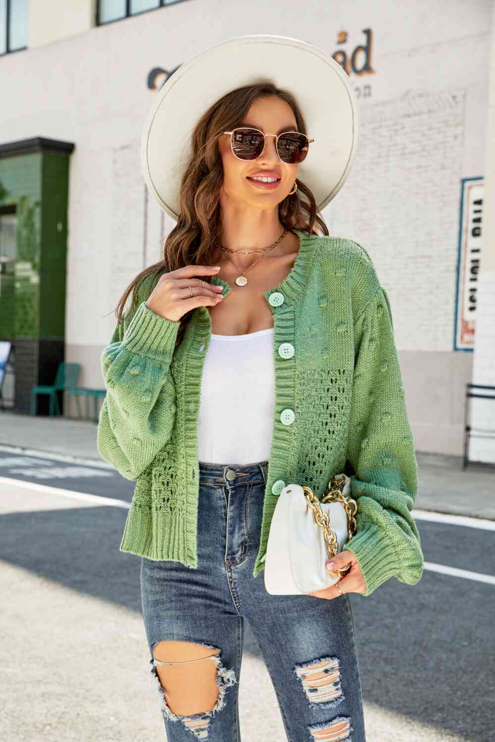 Woven Right Openwork Pompom Puff Sleeve Cardigan - Deals DejaVu