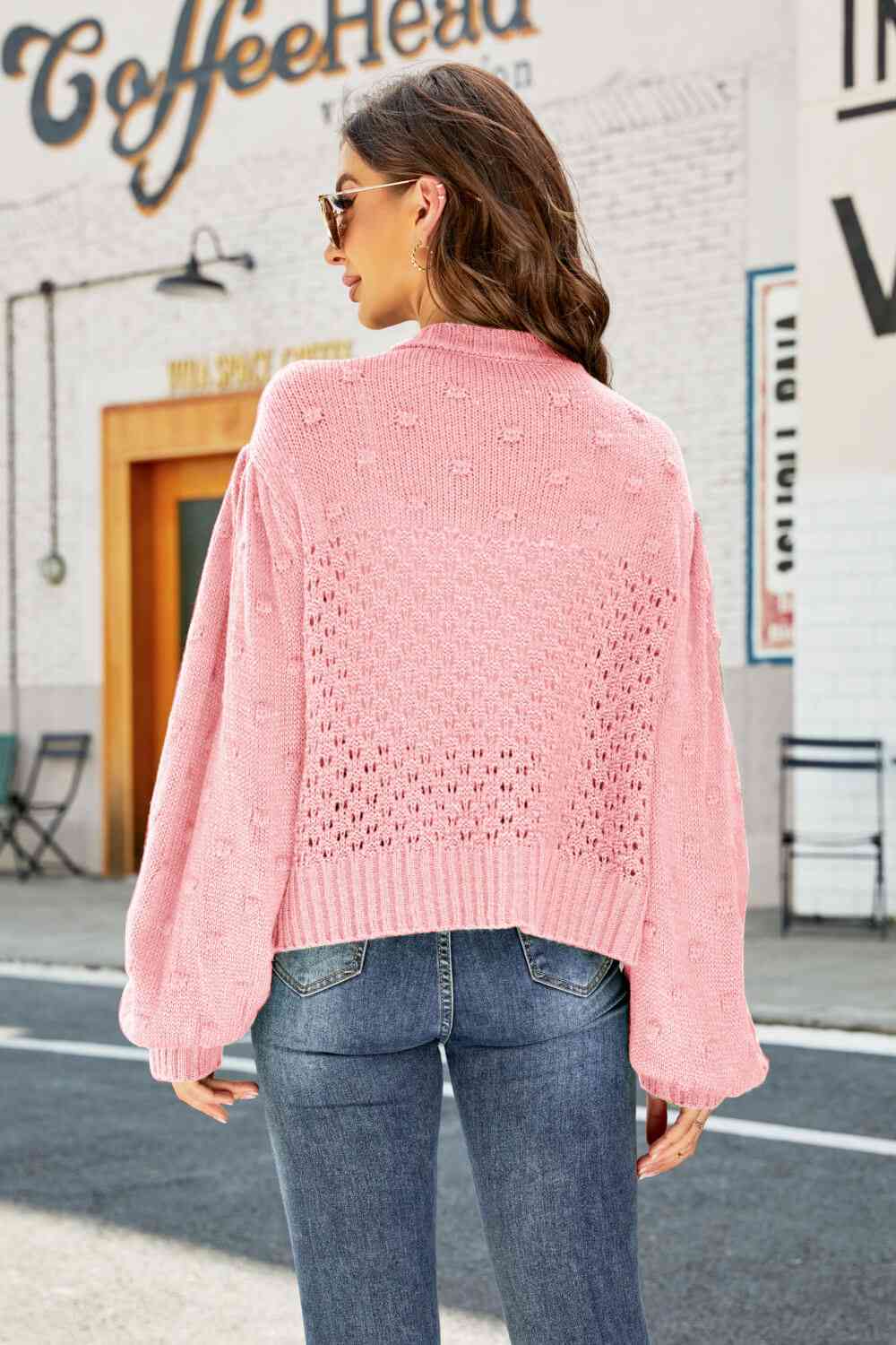 Woven Right Openwork Pompom Puff Sleeve Cardigan - Deals DejaVu