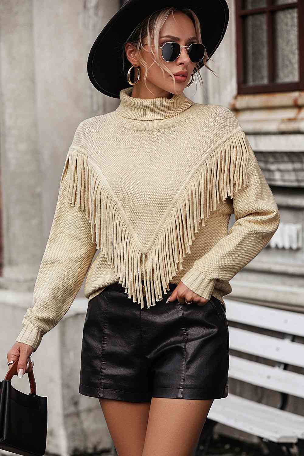 Turtle Neck Tassel Front Long Sleeve Pullover Sweater - Deals DejaVu