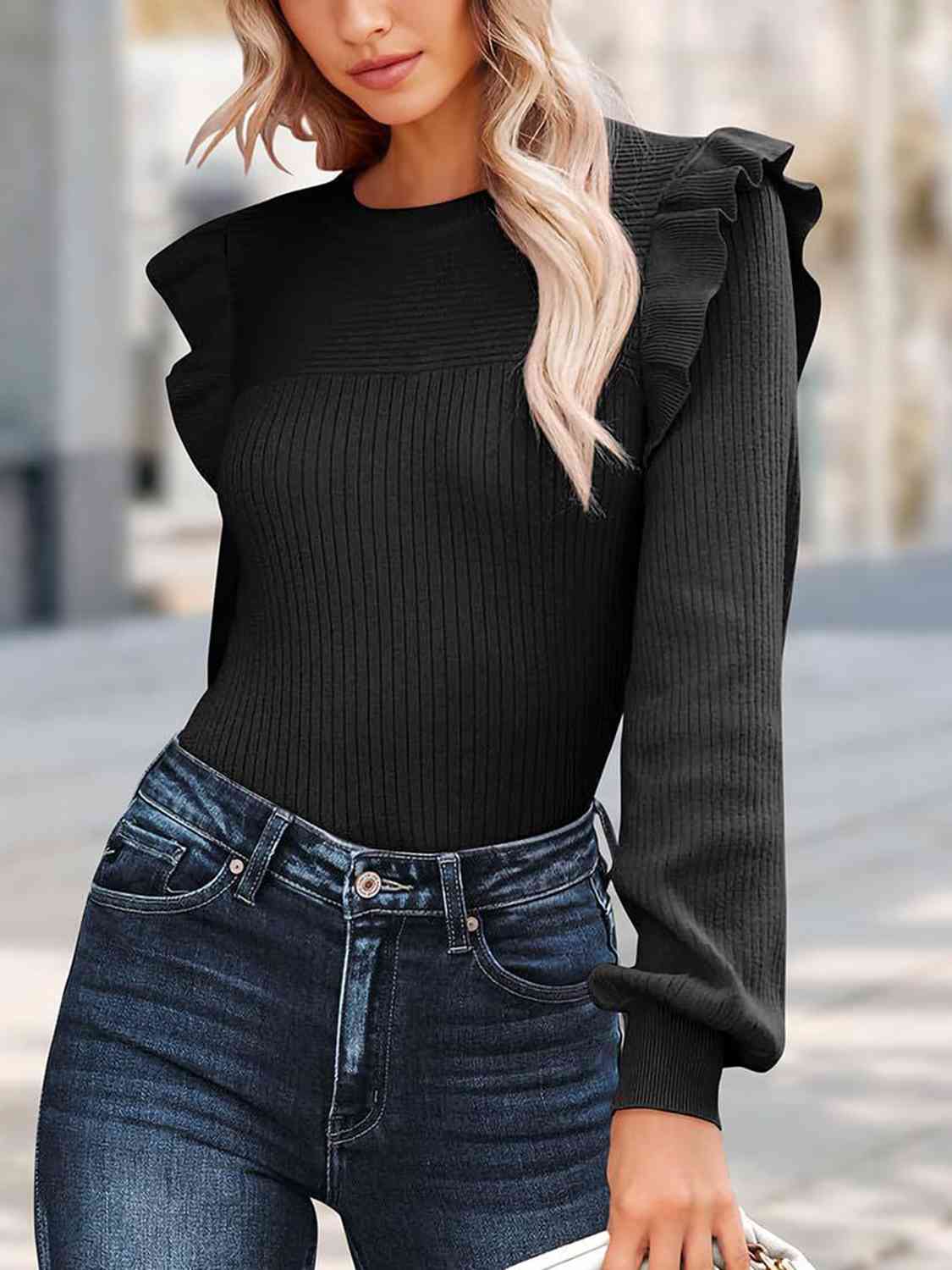 Ribbed Ruffled Round Neck Long Sleeve Knit-Top - Deals DejaVu