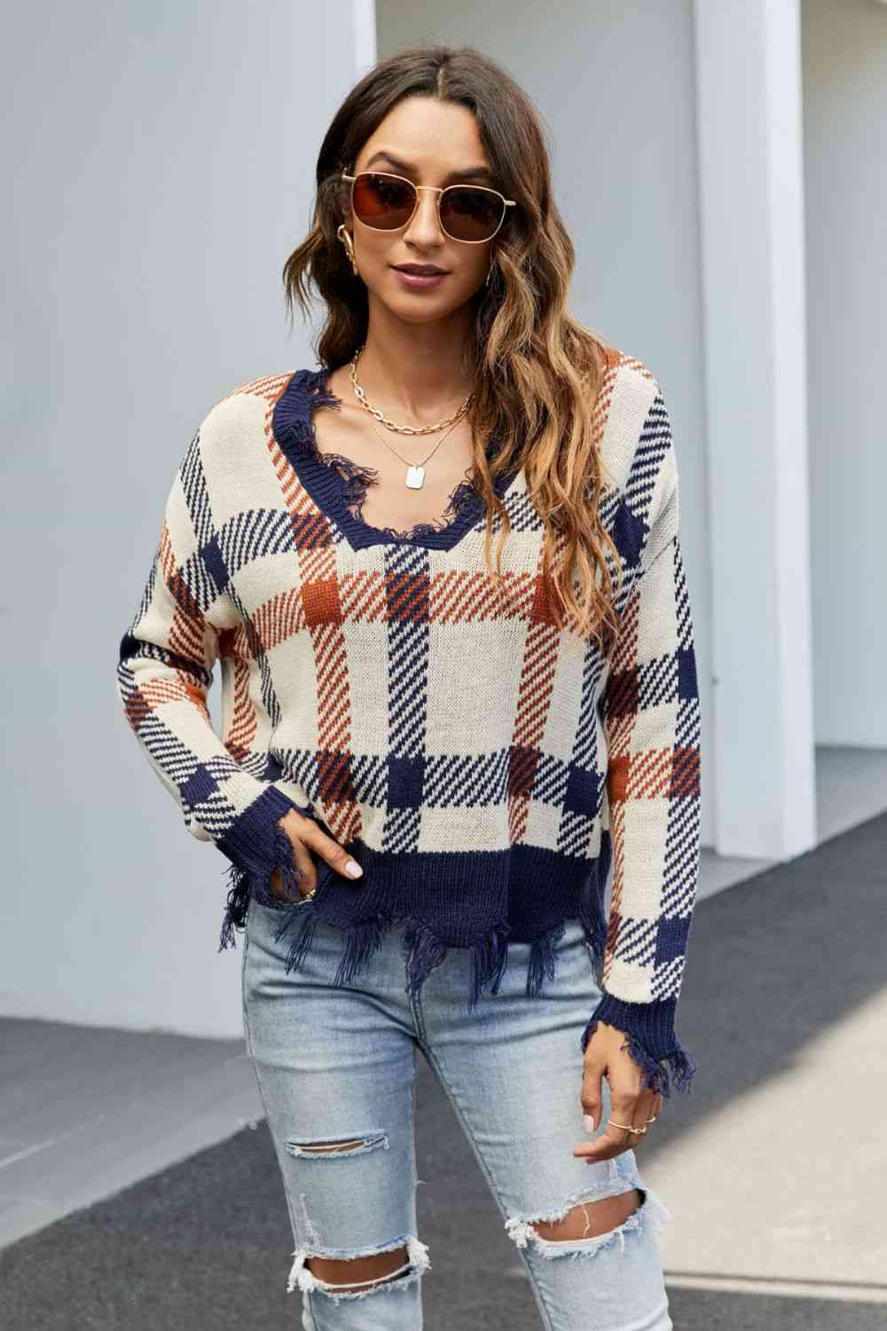 Plaid Distressed Drop Shoulder Sweater - Deals DejaVu