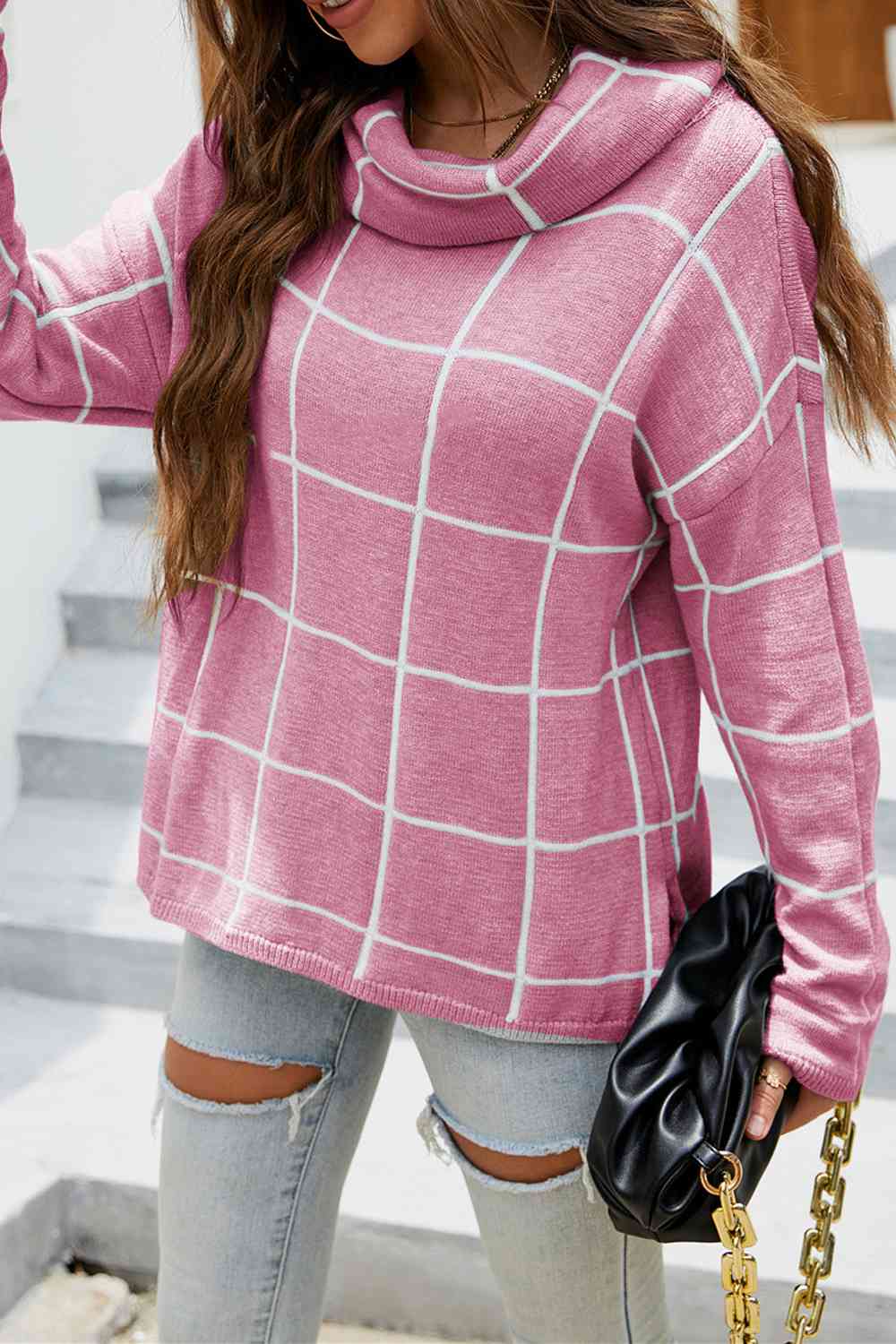 Plaid Turtleneck Drop Shoulder Sweater - Deals DejaVu