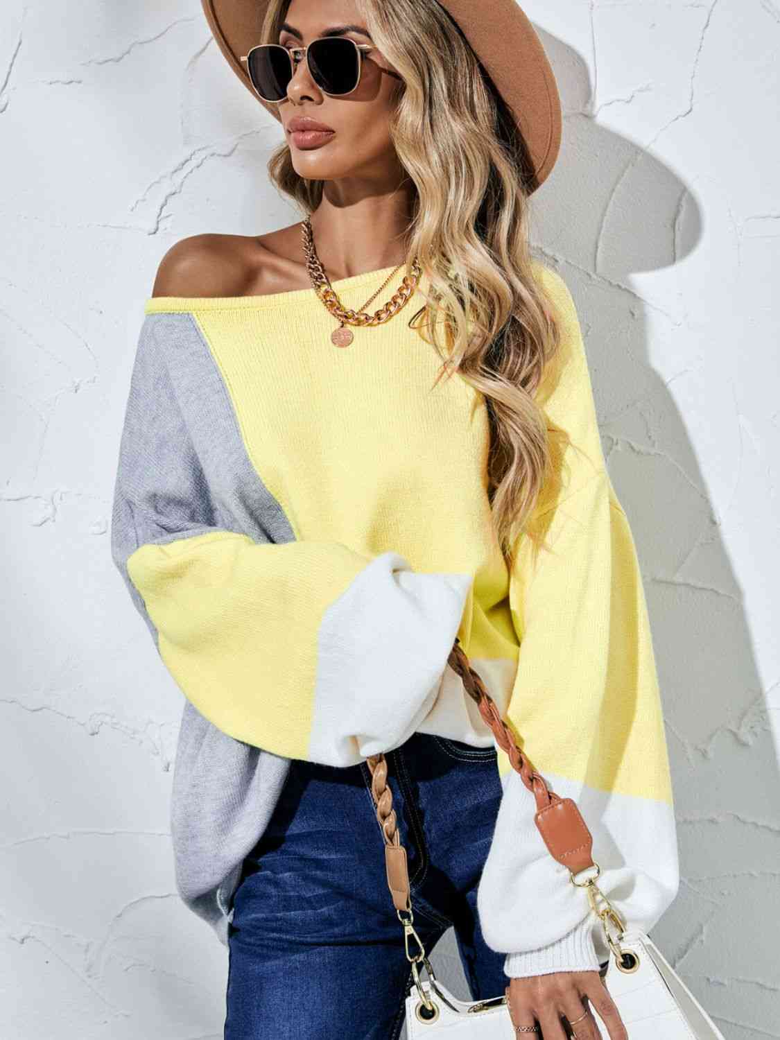 Color Block Balloon Sleeve Boat Neck Sweater - Deals DejaVu