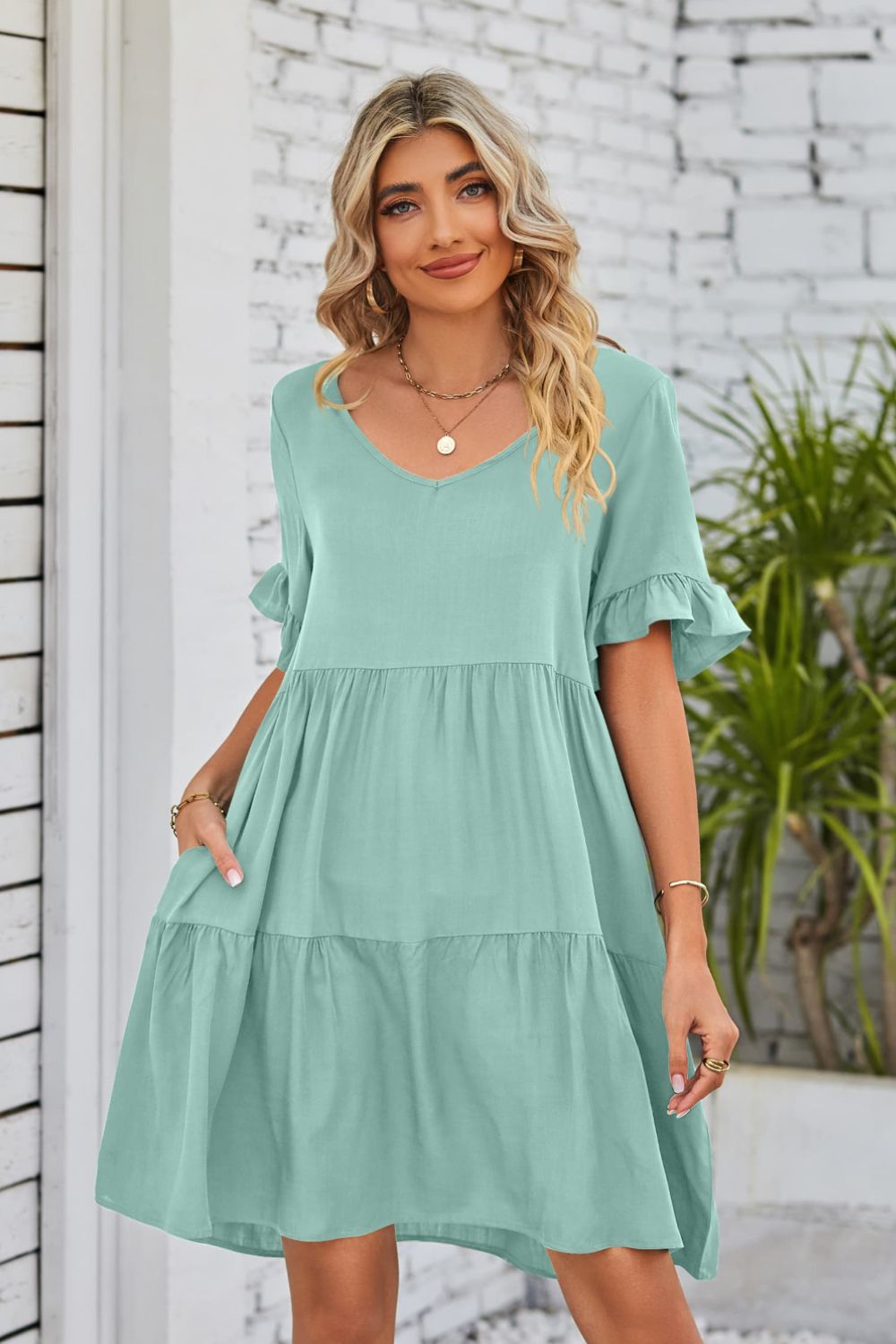 V-Neck Flounce Sleeve Tiered Dress (BWD)(WS06)T - Deals DejaVu