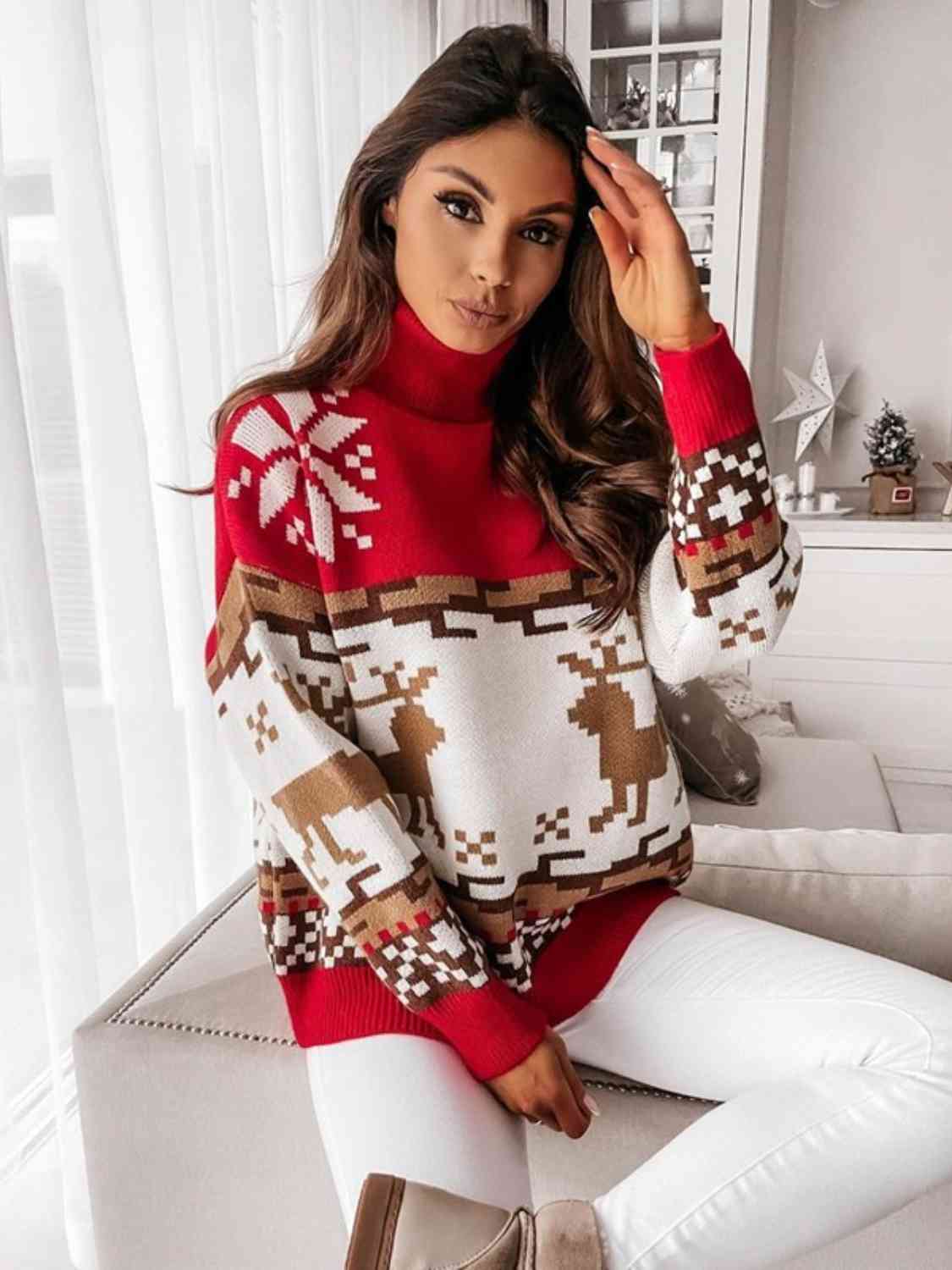 Reindeer Turtleneck Drop Shoulder Sweater - Deals DejaVu