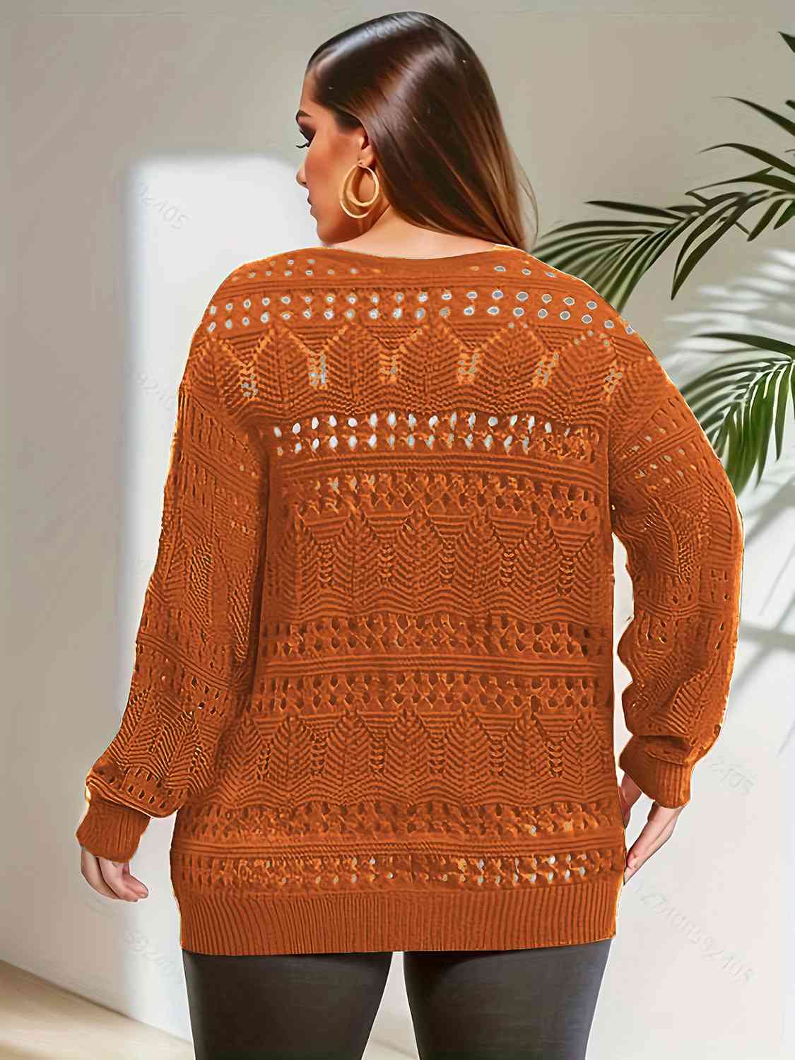 Plus Size Openwork Plunge Long Sleeve Sweater - Deals DejaVu