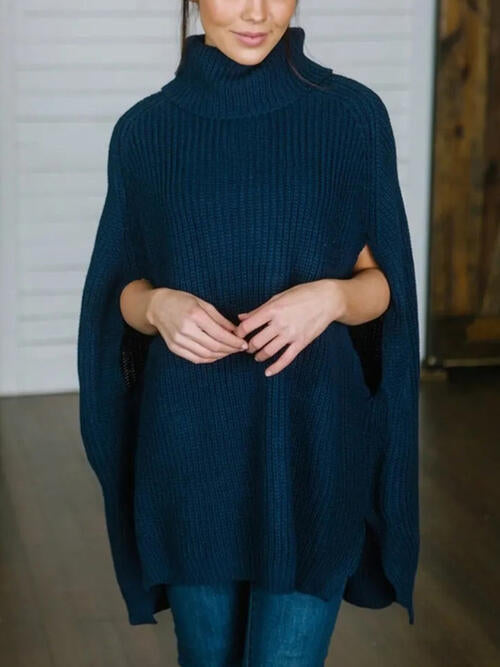 Turtleneck Slit Sweater - Deals DejaVu