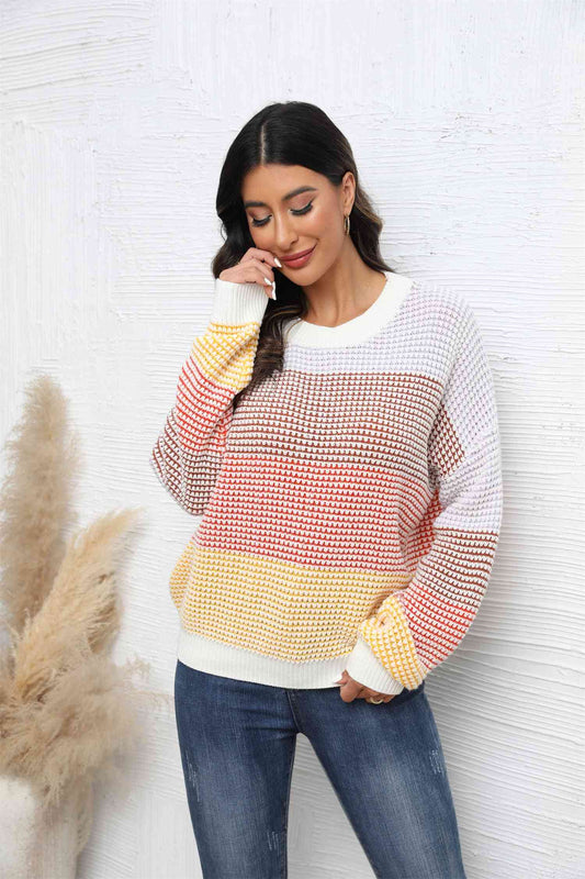 Waffle-Knit Round Neck Dropped Shoulder Color Block Sweater - Deals DejaVu