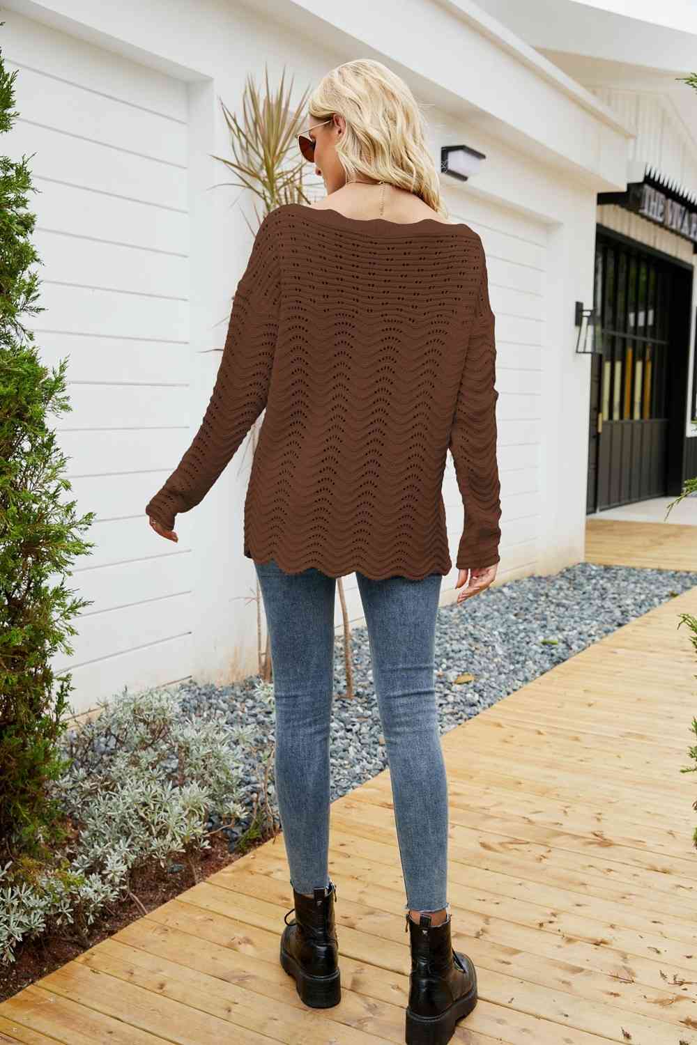 Woven Right Scalloped Boat Neck Openwork Tunic Sweater - Deals DejaVu