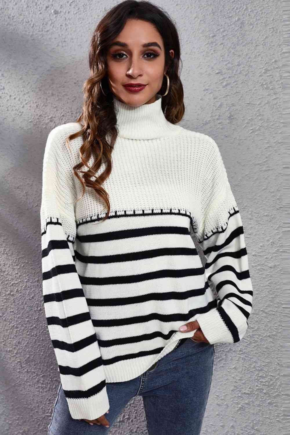 Striped Turtleneck Drop Shoulder Sweater - Deals DejaVu