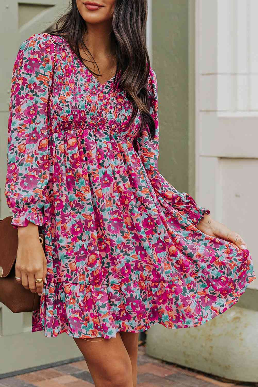 Floral Smocked V-Neck Flounce Sleeve Dress (MWBT) T - Deals DejaVu