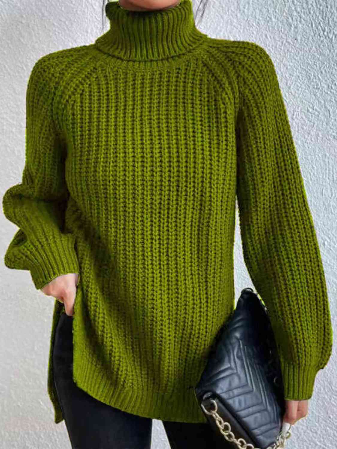 Full Size Turtleneck Rib-Knit Slit Sweater - Deals DejaVu