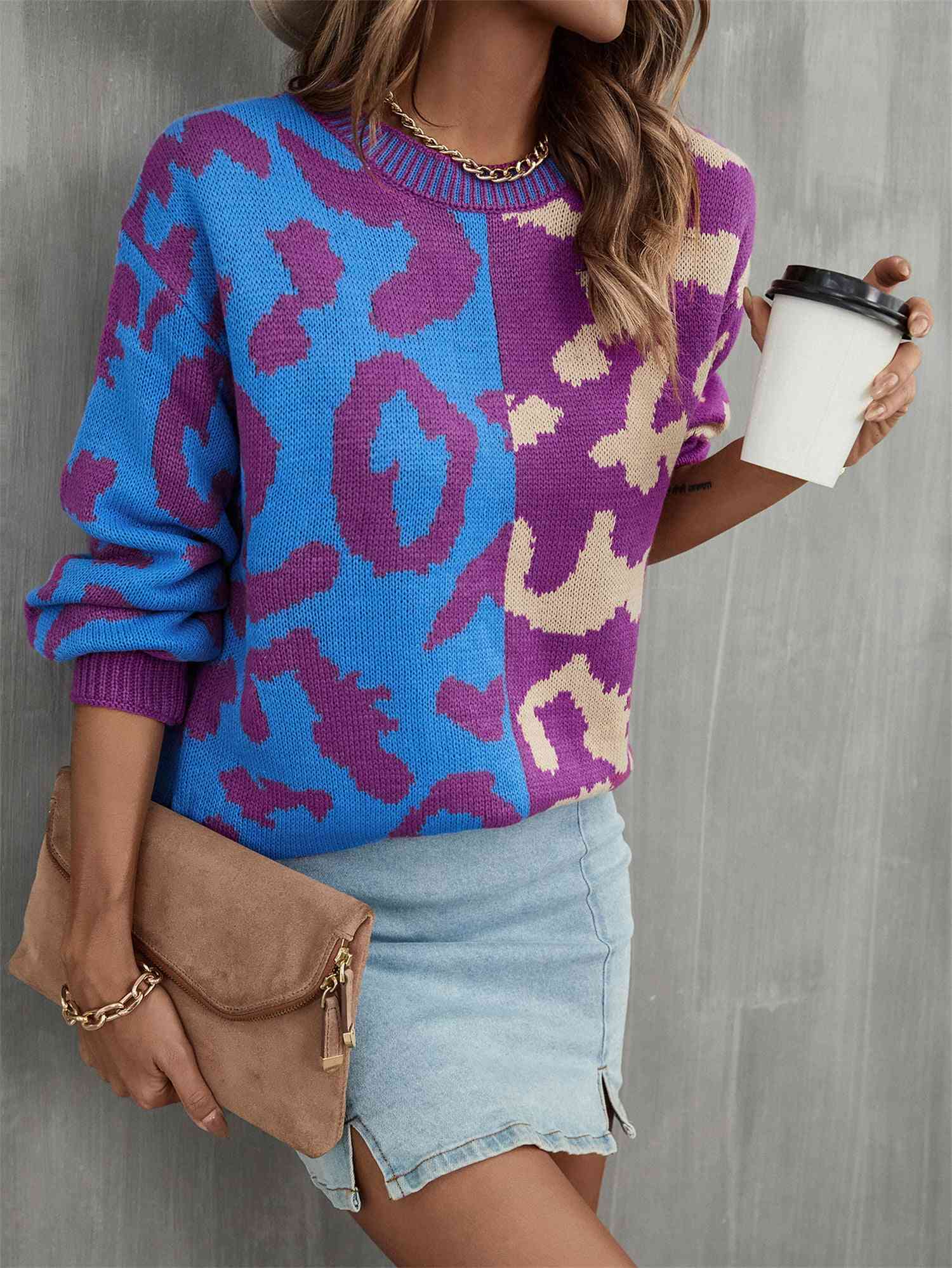 Round Neck Contrast Color Dropped Shoulder Sweater - Deals DejaVu