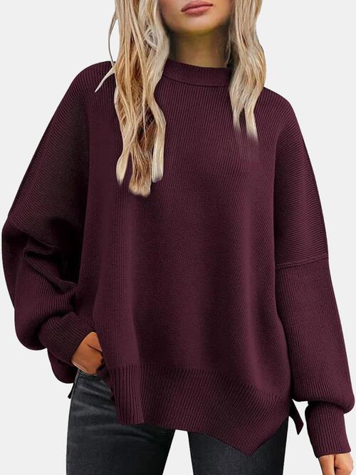 Round Neck Drop Shoulder Slit Sweater (BFD) T - Deals DejaVu