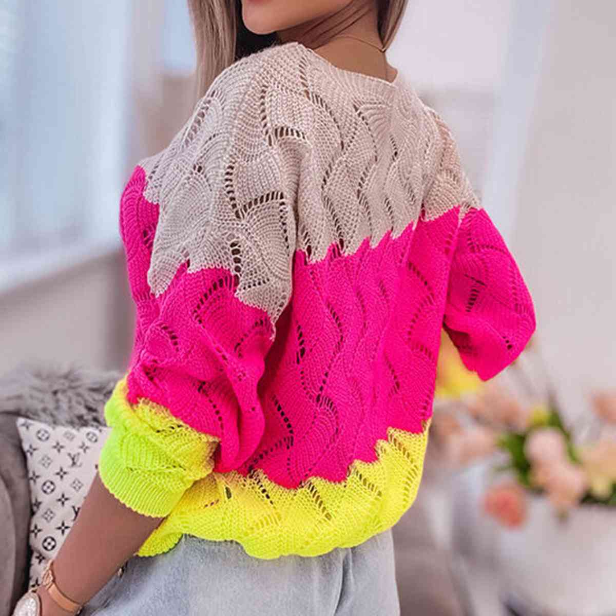 Openwork Color Block Pullover Sweater - Deals DejaVu