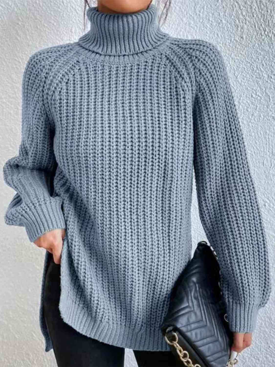 Full Size Turtleneck Rib-Knit Slit Sweater - Deals DejaVu