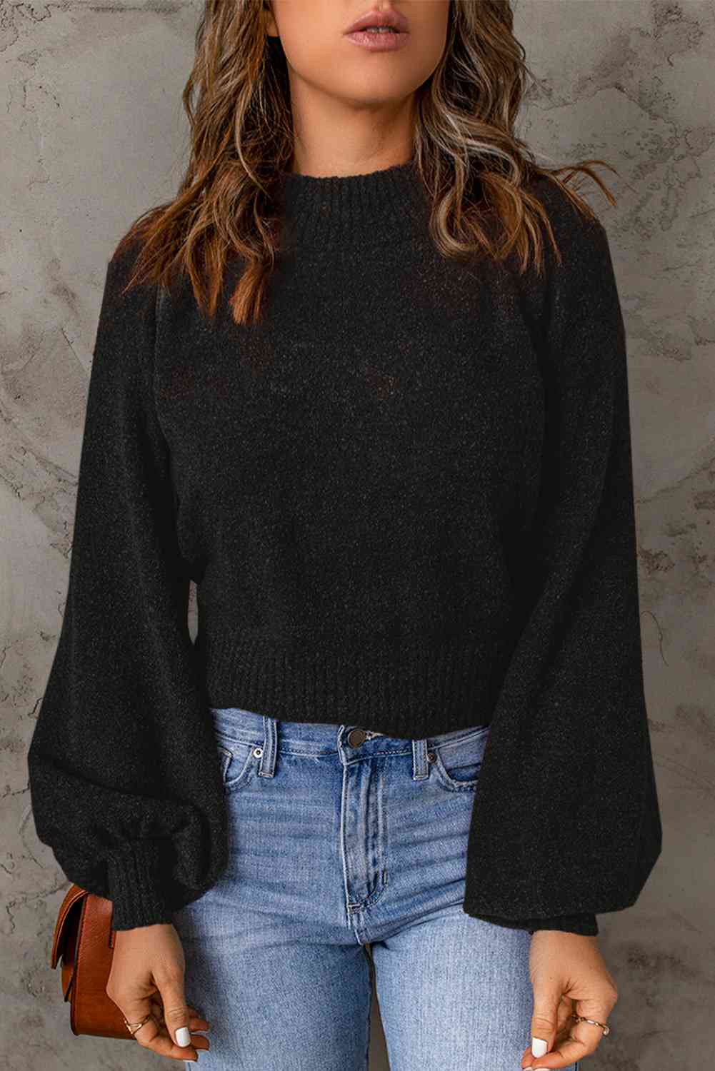 Ribbed Trim Balloon Sleeve Sweater - Deals DejaVu