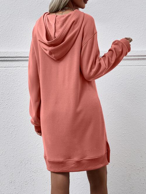 Slit Long Sleeve Hooded Dress with Pocket (MWBT) T - Deals DejaVu