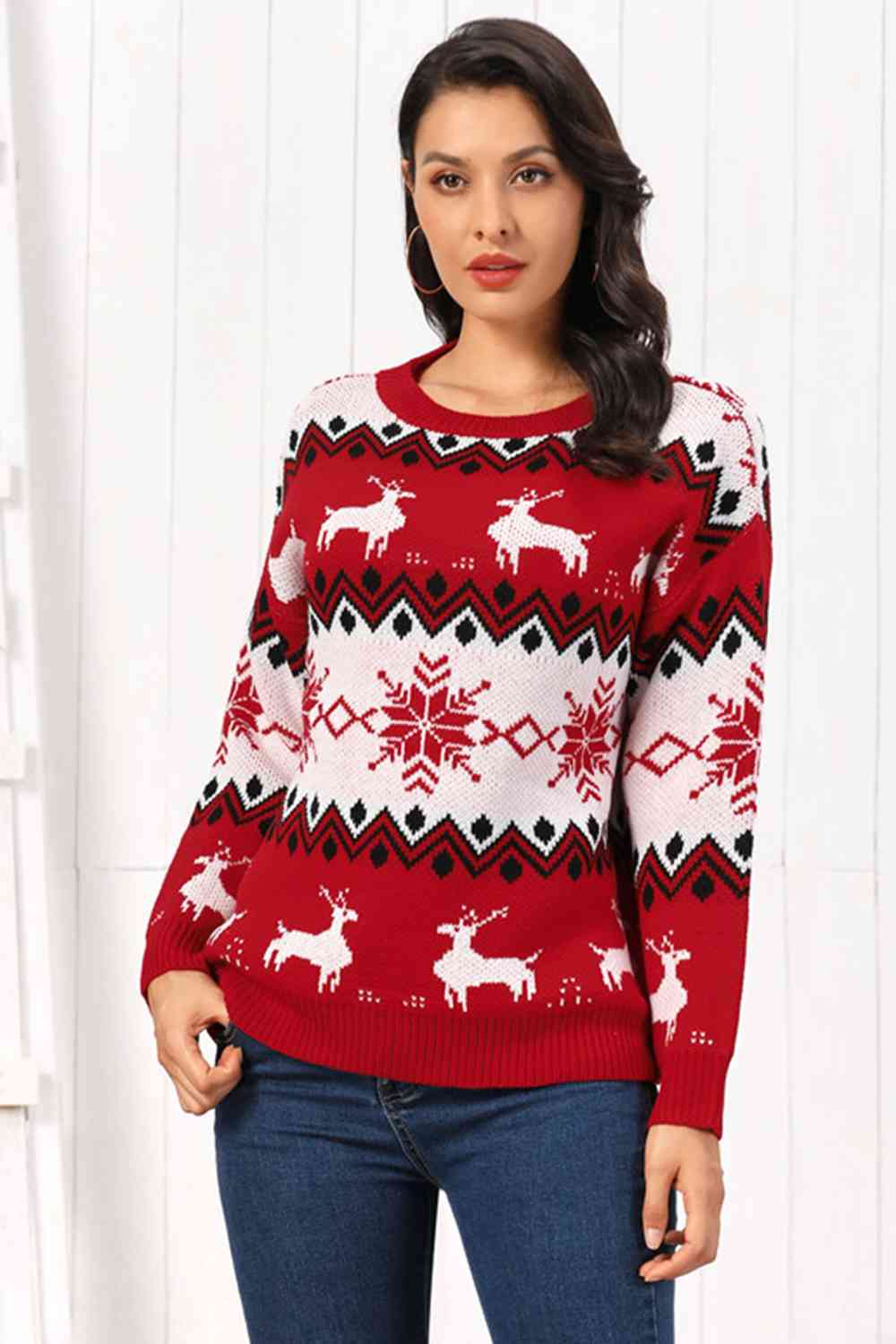 Reindeer Round Neck Sweater - Deals DejaVu