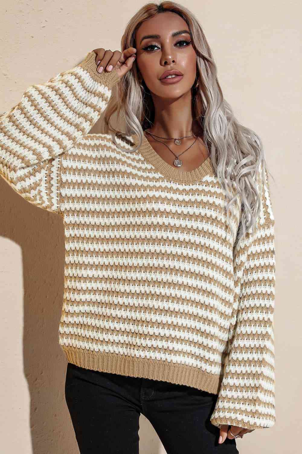 Striped Dropped Shoulder Sweater - Deals DejaVu