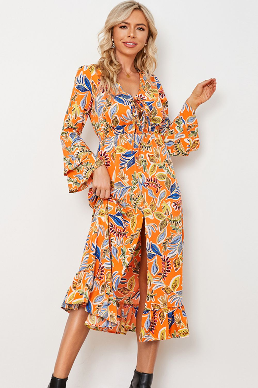 Printed Layered Flare Sleeve Split Tied Dress (BWD)(WS06)T - Deals DejaVu