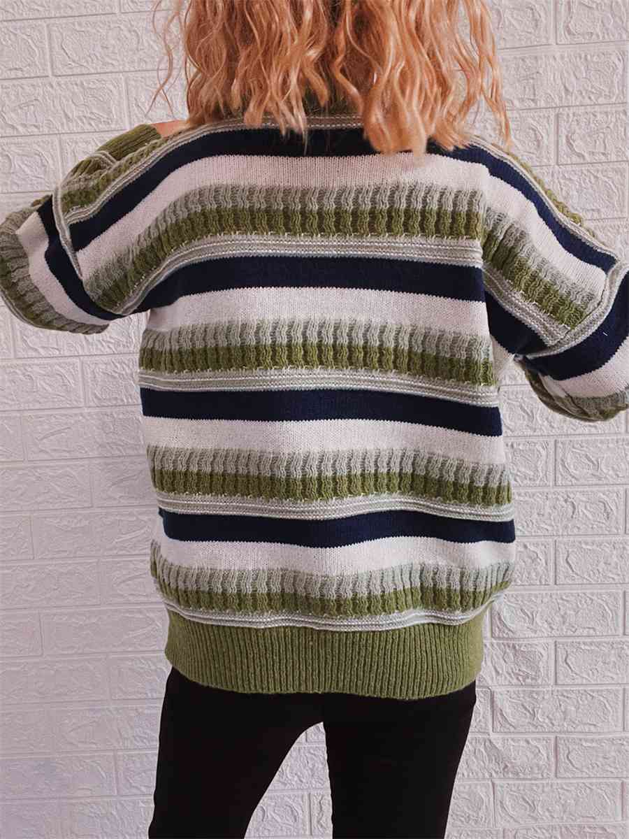 Striped Drop Shoulder Round Neck Sweater - Deals DejaVu