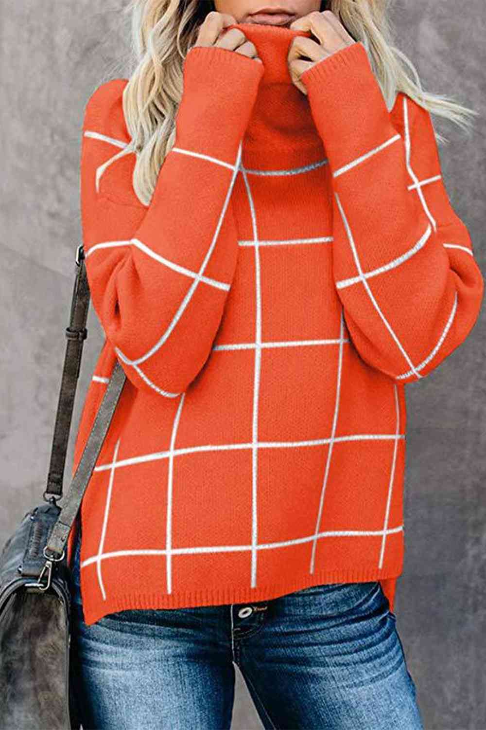 Plaid Turtleneck Drop Shoulder Sweater - Deals DejaVu