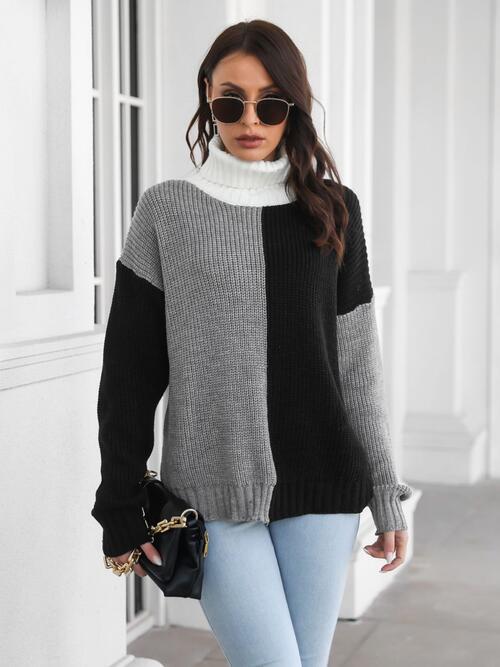 Contrast Turtleneck Long Sleeve Sweater - Deals DejaVu