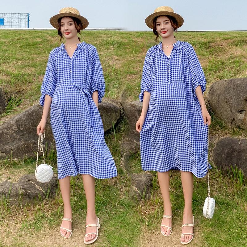 Summer Autumn Blue Plaid Maternity Dress - Plus Size Loose Ties Waist Slim Clothes for Pregnant Women (Z7)(Z9)(4Z1)