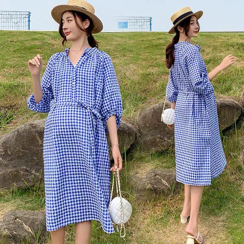 Summer Autumn Blue Plaid Maternity Dress - Plus Size Loose Ties Waist Slim Clothes for Pregnant Women (Z7)(Z9)(4Z1)