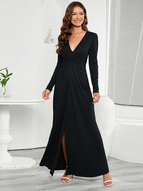 V-Neck Long Sleeve Split Dress (BWM) T - Deals DejaVu