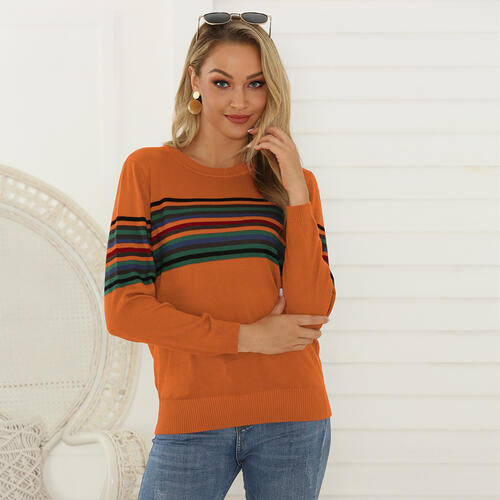 Striped Round Neck Long Sleeve Sweater