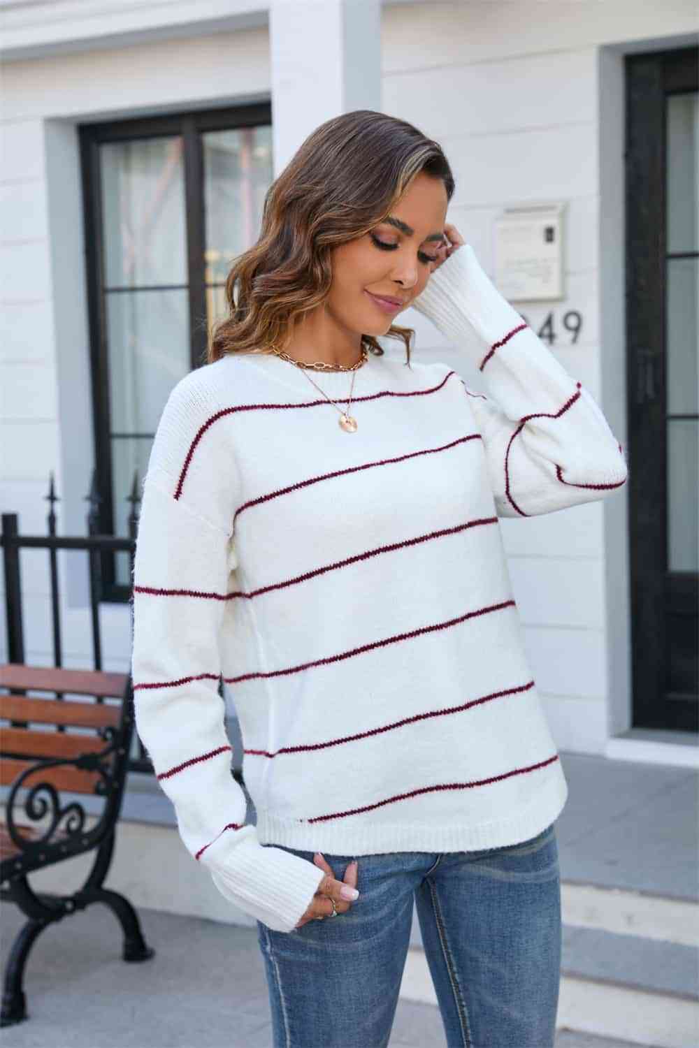 Striped Round Neck Long Sleeve Sweater - Deals DejaVu