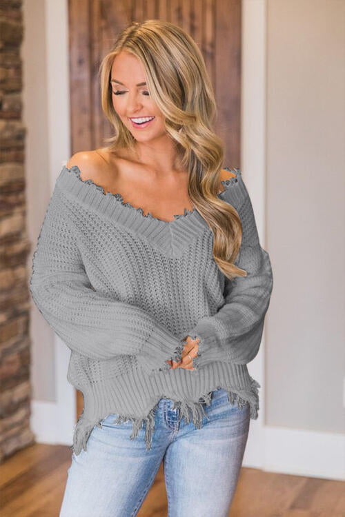 Frayed Hem Dropped Shoulder Sweater - Deals DejaVu