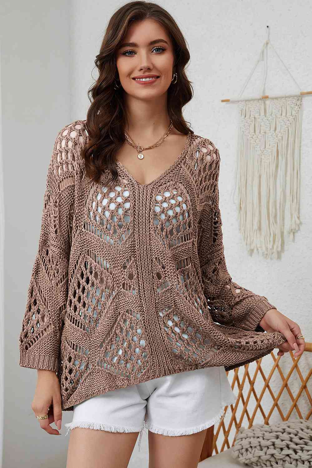 Openwork V-Neck Sweater - Deals DejaVu