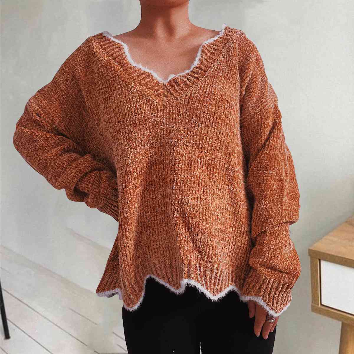 V-Neck Drop Shoulder Long Sleeve Sweater - Deals DejaVu