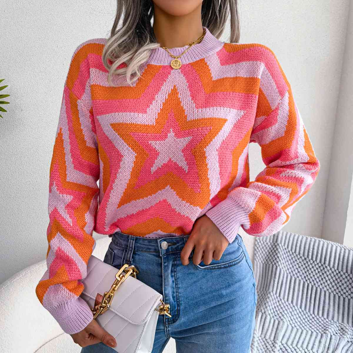 Star Round Neck Sweater - Deals DejaVu