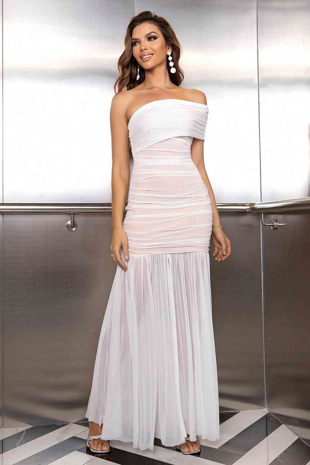 One-Shoulder Ruched Maxi Dress (BWM) T - Deals DejaVu